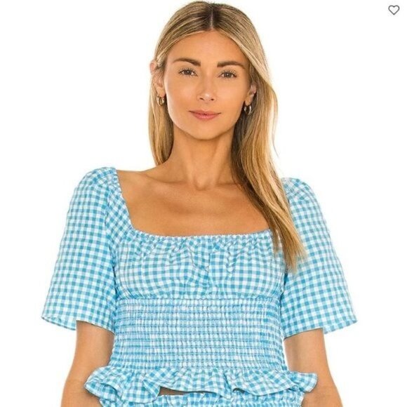BCBGeneration Blue Gingham Smocked Top L - Picture 1 of 7